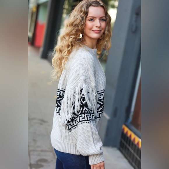 Ready For Anything Taupe & Black Tassel Aztec Sweater - Picture 10 of 16